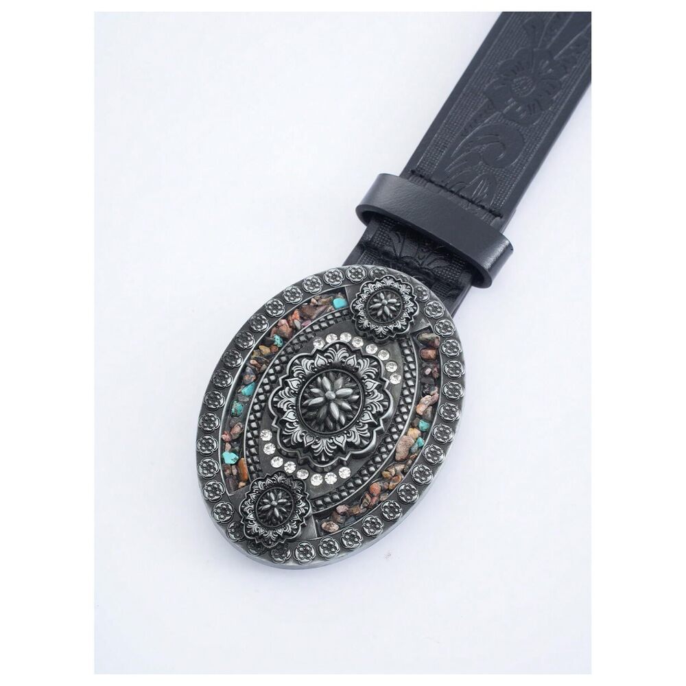 9895 Women's Rhinestone Buckle Belt Floral Embossed Turquoise Leather - Picture 2 of 5